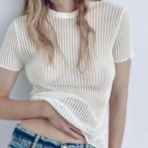 Zara See-Through Mesh Ribbed White T-Shirt Size S